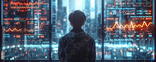 A young investor, scrutinizing a decentralized finance platform on a holographic interface The scene is futuristic, with glowing digital charts and graphs surrounding them Realistic 3D render
