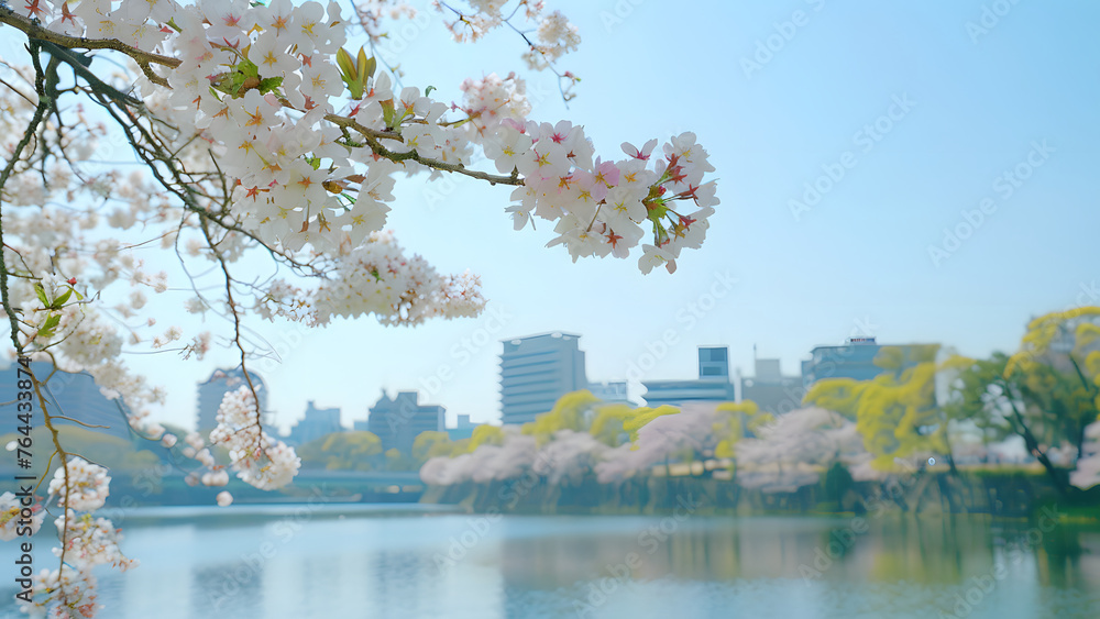 Naklejka premium A spectacular view of cherry blossoms in full bloom on a warm, beautiful spring day. Feel the beauty of the cherry blossoms that herald spring.