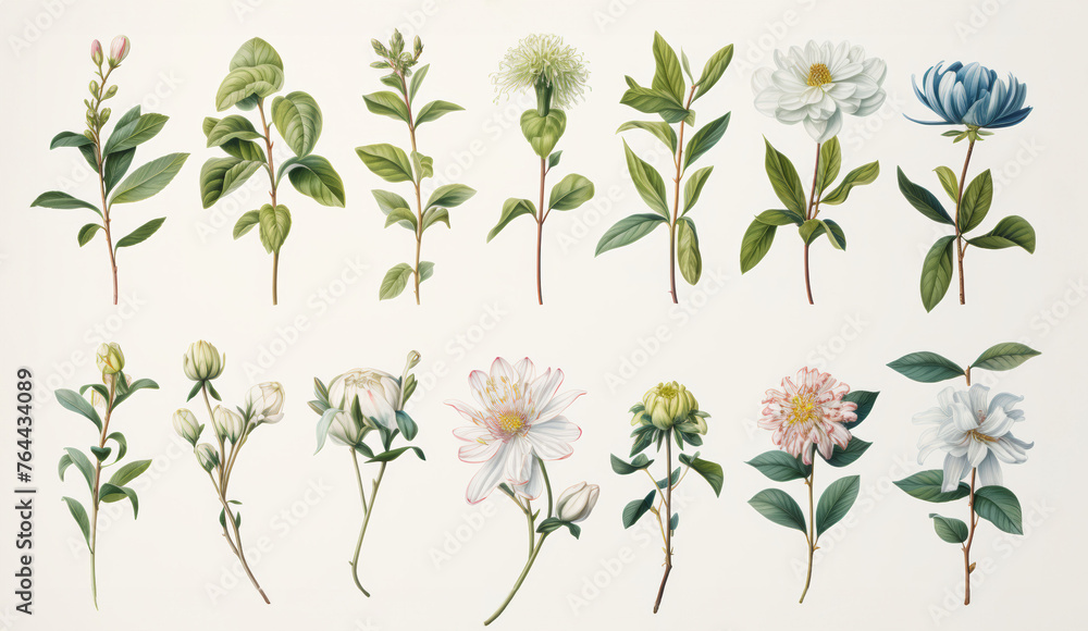 Collection of botanical illustrations showing diverse flowering plant species. - obrazy, fototapety, plakaty 