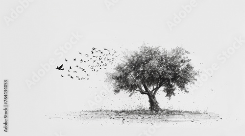 a drawing of a serene olive tree  its branches dispersing into a flock of birds