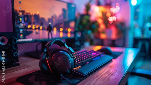 Gaming headset resting on a keyboard with ambient lighting in a gaming setup.