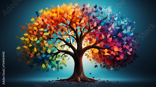 Colorful tree with leaves transitioning from green to vibrant autumn hues, symbolizing seasonal change. © Sergei