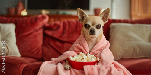 Chihuahua in a pink bathrobe with popcorn on a red couch