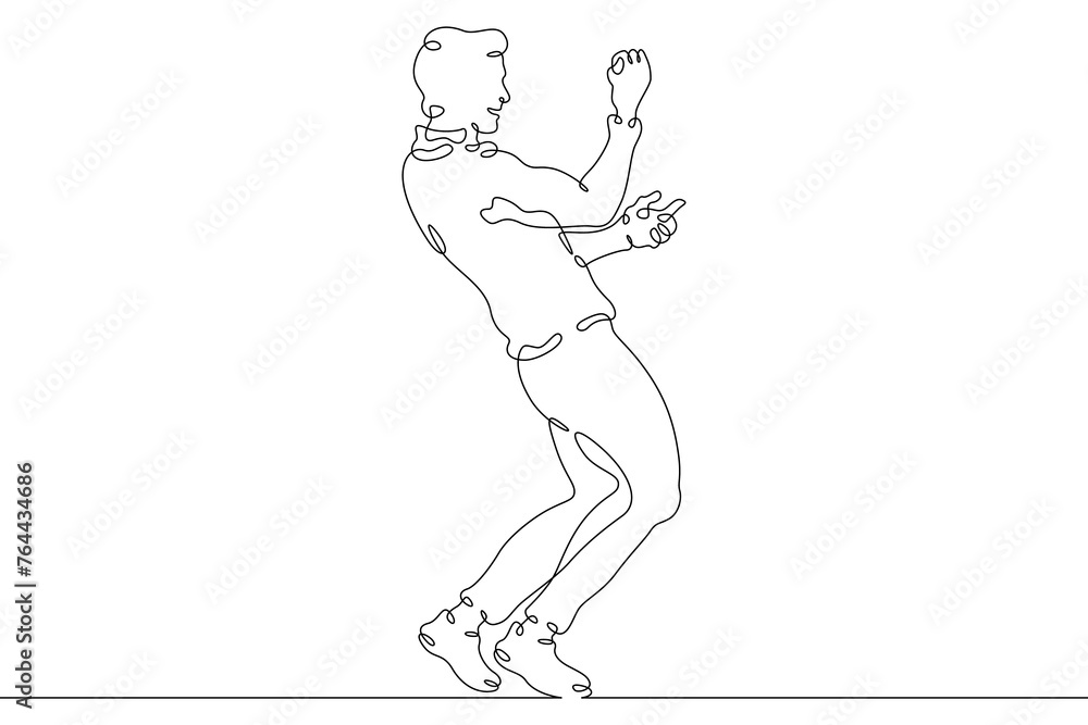 One continuous line. Celebration of people. Man celebrating success victory. Emotional joy. Happy man. One continuous line is drawn on a white background.