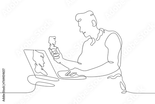 One continuous line.The man at the computer. 3D modeler at work. 3D modeling. Game Designer. Designer at laptop. One continuous line is drawn on a white background.