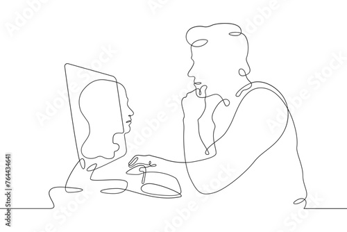 One continuous line.The man at the computer. 3D modeler at work. 3D modeling. Game Designer. Designer at laptop. One continuous line is drawn on a white background.