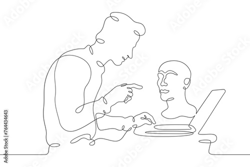 One continuous line.The man at the computer. 3D modeler at work. 3D modeling. Game Designer. Designer at laptop. One continuous line is drawn on a white background.