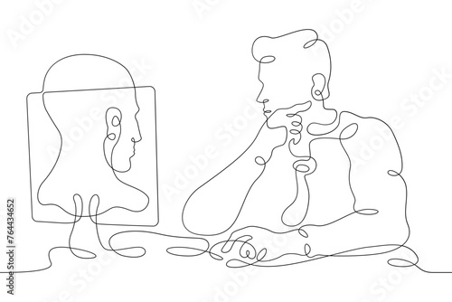 One continuous line.The man at the computer. 3D modeler at work. 3D modeling. Game Designer. Designer at laptop. One continuous line is drawn on a white background.