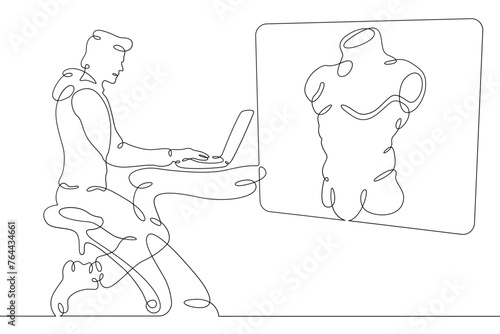 One continuous line.The man at the computer. 3D modeler at work. 3D modeling. Game Designer. Designer at laptop. One continuous line is drawn on a white background.