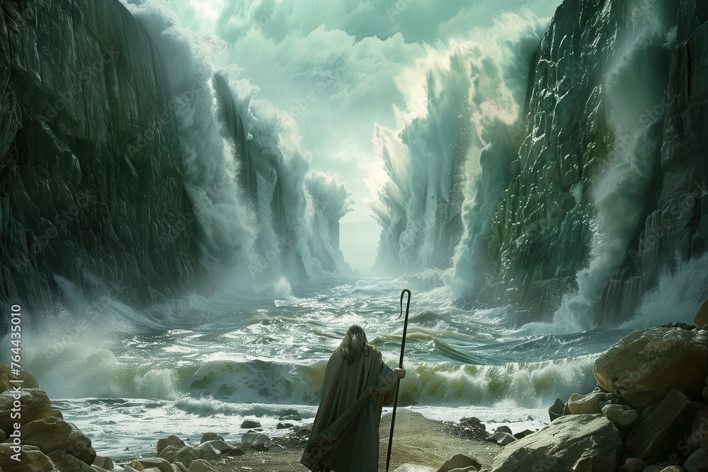 Generative AI of Red Sea Divides for Moses concept for Scriptural Legends, The Great Escape, Religious Faith, and Miraculous Passage