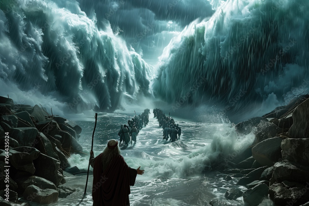 Generative AI of Moses Commands the Waves concept for Ancient Miracles, Surreal Seascape, Spiritual Leadership, and Biblical Stories