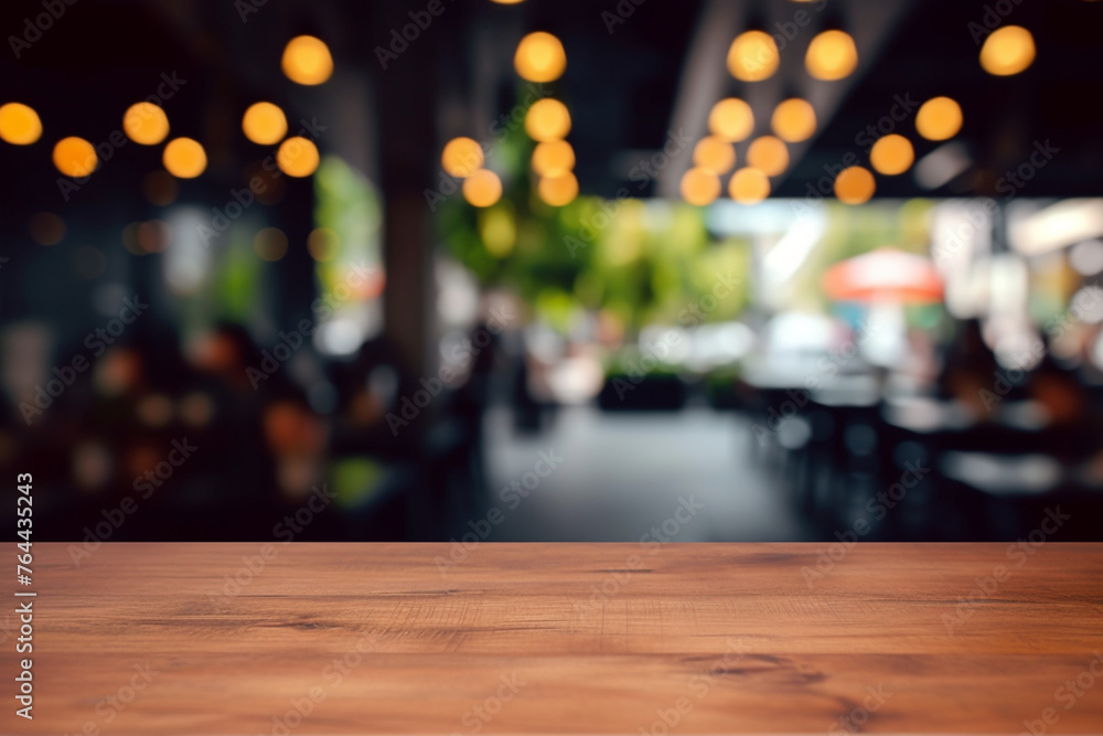 wood table with blur of people in cafe or restaurant on background