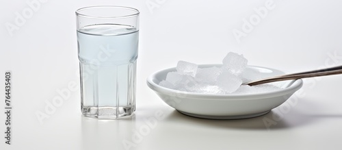 In the scene  there is a bowl filled with ice cubes and a clear glass containing water placed on a flat surface.