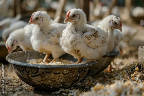 Young broiler chickens feeding from a bowl on a farm.