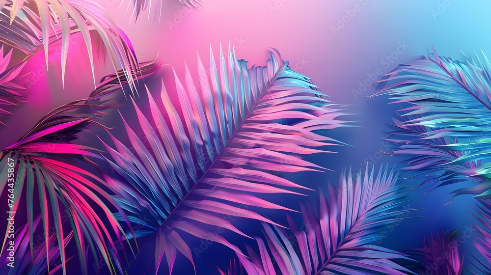 tropical palm leaves in vibrant neon gradient holograph - obrazy, fototapety, plakaty 