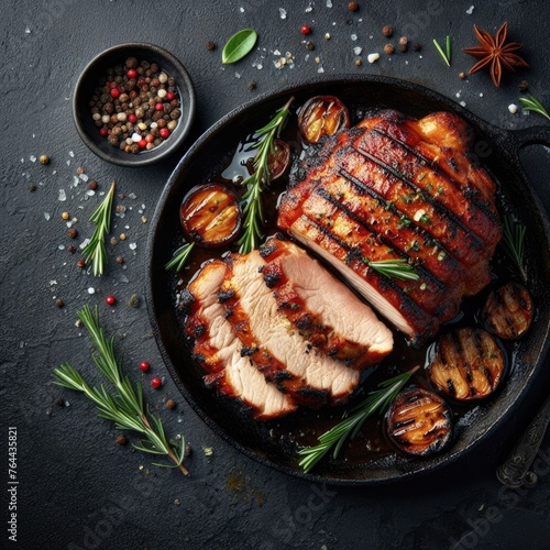 Baked Pork and Grilled Meat on a Dark Background Top-View Flat Lay