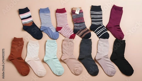 A top view displaying a variety of fashionable socks, from sheer ankle socks to cozy thigh-high options.