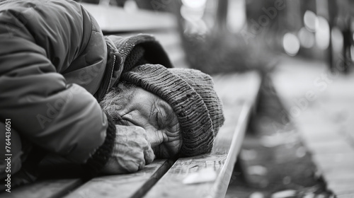 Poignant black and white image of a homeless person sleeping on a bench, evoking themes of poverty, urban life, and social issues. photo