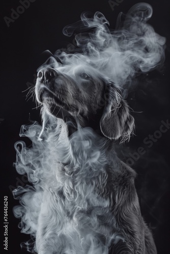 A grey labrador dog, inside a dense smoke fog, on black background, dreamy envinronment photo