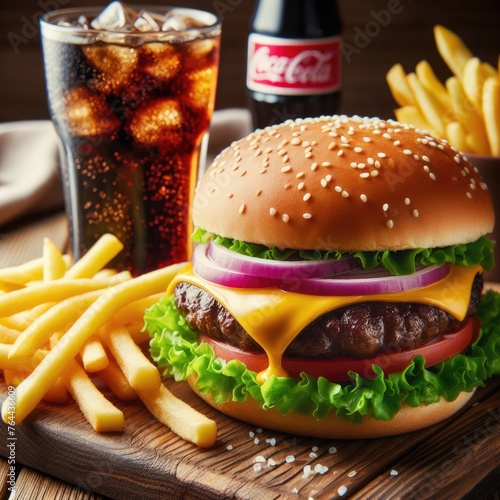 Close-up of a delicious burger, cola, and fries on a wooden tray