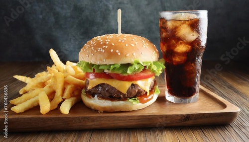 Close-up of a delicious burger, cola, and fries on a wooden tray