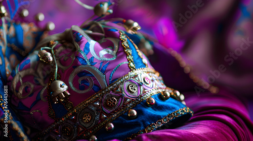 A close - up of a jester hat with intricate patterns and shiny bells, resting on a velvet cushion
