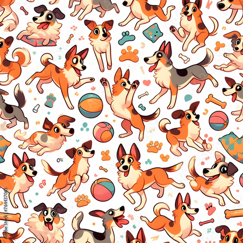 A repeating pattern of cartoon-style dogs in various playful poses