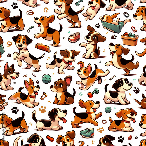 A repeating pattern of cartoon-style dogs in various playful poses