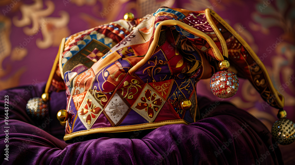 A close - up of a jester hat with intricate patterns and shiny bells, resting on a velvet cushion.