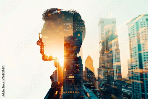 Silhouette of a career counselor with a double exposure of various professional paths, emphasizing guidance and potential career trajectories