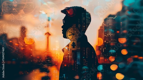 Silhouetted figure with a double exposure of a growth chart and a clock, symbolizing the balance between career advancement and time management