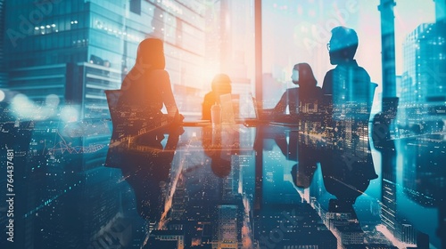 Silhouetted figures in a meeting with a double exposure of innovative solutions, highlighting the collaborative effort to solve industry challenges