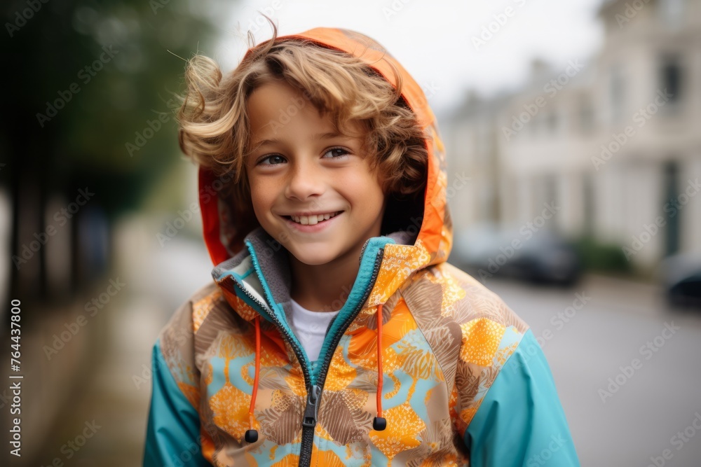Portrait of a cute little boy in a raincoat on the street Portrait of a cute little boy in a raincoat on the street