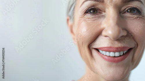 Close-up of a senior woman's smiling face, highlighting her eyes and teeth.
