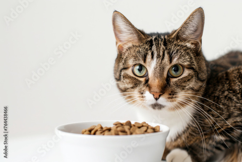 cat sitting near the white bowl of pet food. isolated background .bowl for mockup. Generative AI