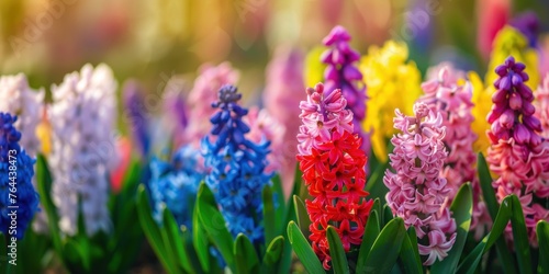 Vibrant hyacinth blooms in various colors in a garden setting with soft lighting.