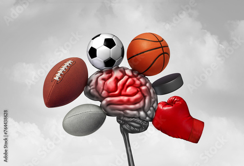 Sports Brain Injury as a sport injury causing a Concussion as football hockey rugby basketball boxing and soccer as equipment or athletes crashing into a human head. photo