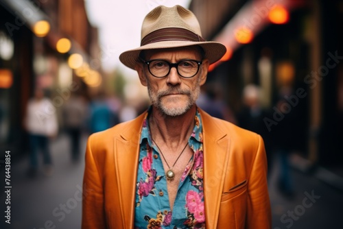 Portrait of a senior man with hat and glasses in a city street.