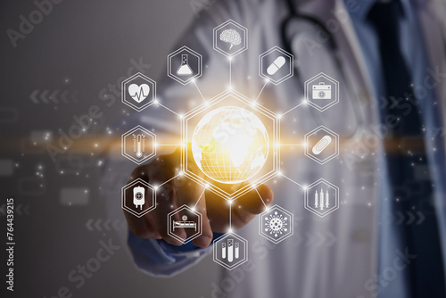 Doctor Hand and Finger Touch Screen Yellow Hexagonal Globe and World or Earth and Medical Equipment Icon. Medical Technology,Innovation,Science and Healthcare Concept