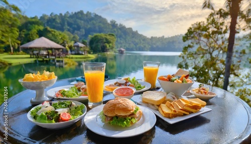 Delightful breakfast served by serene lake in resort