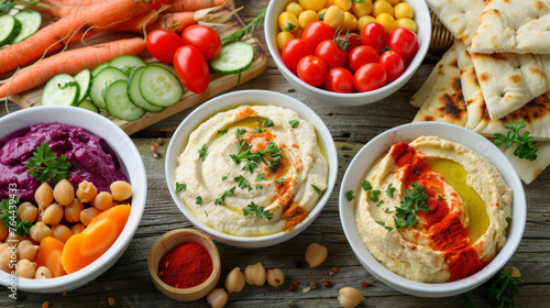 A variety of colorful and flavorful hummus dips paired with crisp vegetables and pita bread for a tasty and healthy snack during the picnic.