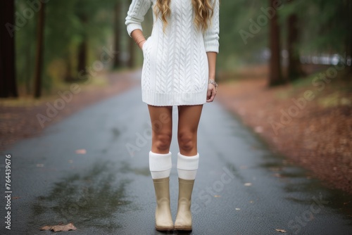 A cable-knit sweater dress paired with knee-high socks and booties for a cute and cozy Christmas ensemble. Woman fashion christmas.