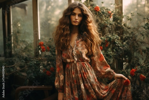 A boho-inspired maxi dress in winter florals  perfect for a laid-back Christmas gathering. Woman fashion christmas.
