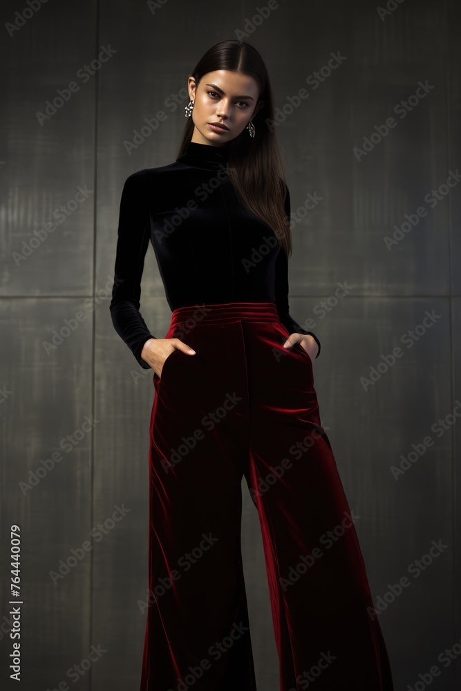 Naklejka premium A velvet bodysuit paired with wide-leg trousers for a sleek and modern holiday ensemble. Woman fashion christmas.