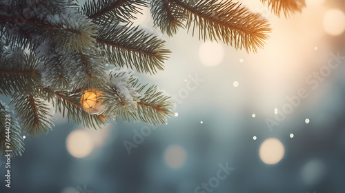 Close-up of Christmas pine branches under defocused lights