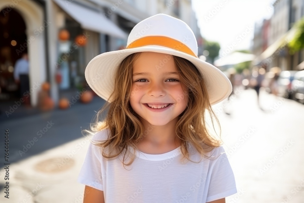 Portrait of a smiling little girl in a hat on the street