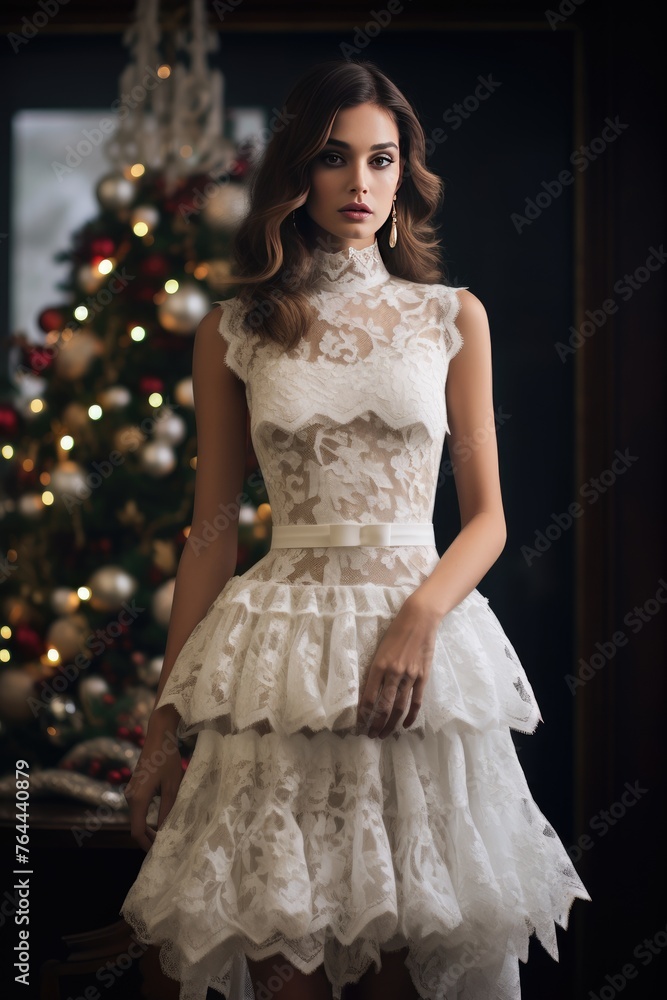 A tiered lace dress in a winter white shade, perfect for a Christmas brunch with family. Woman fashion christmas. A tiered lace dress in a winter white shade, perfect for a Christmas brunch with family. Woman fashion christmas.