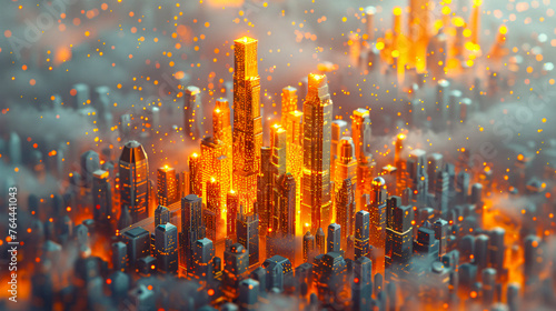 Futuristic city skyline at night  urban architecture with blue lights and mist
