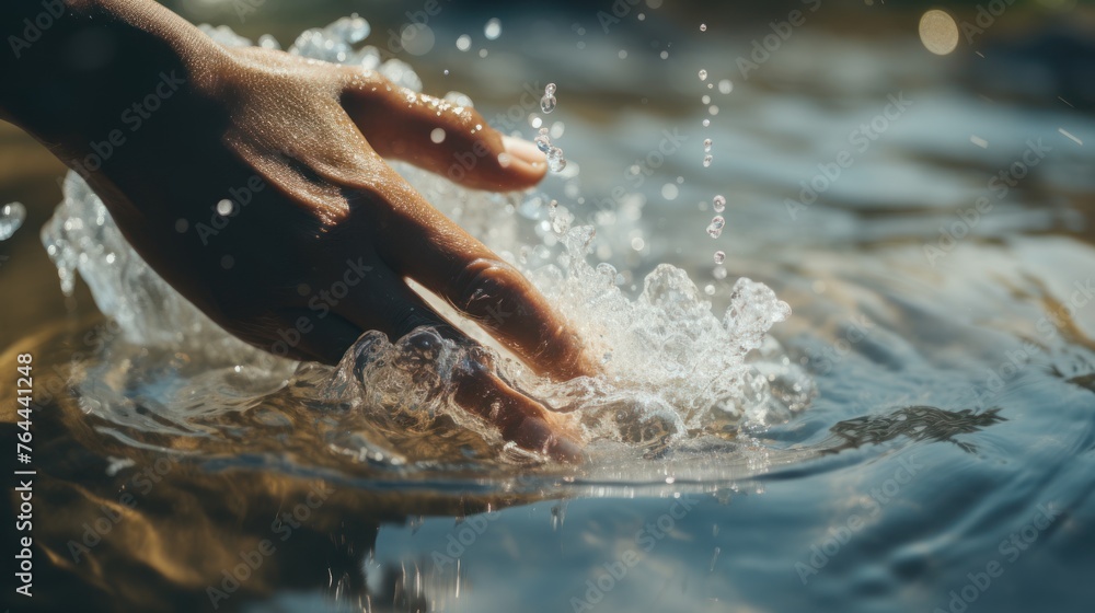 Close up of a woman's hand touching the surface of a clean river.