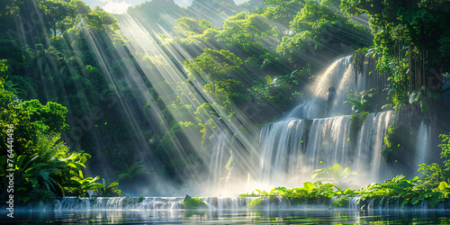 Tropical waterfall cascading through lush jungle, a serene nature escape